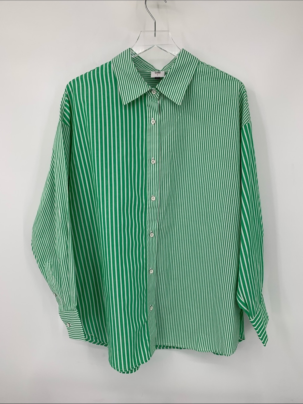 Cabi Dad shirt top blouse green white stripe boxy oversized Button front new L
